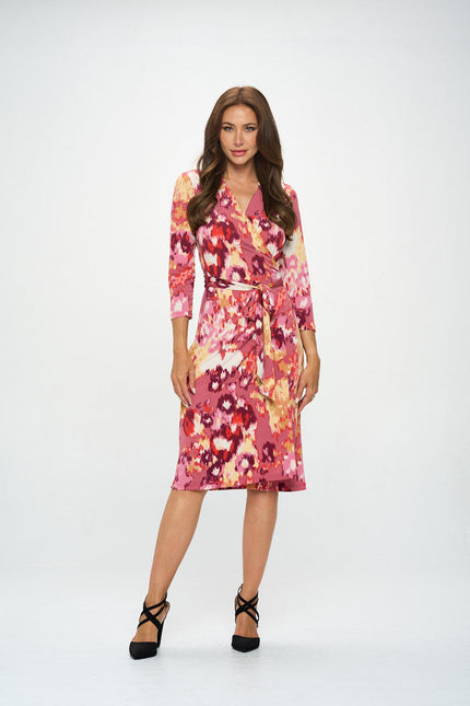 Abstract Print V neck Jersey Wrap Dress with Tie-0