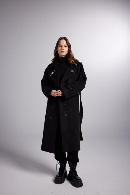 Accessorized Wool Blended Cashmere Maxi Woody Black Coat-3