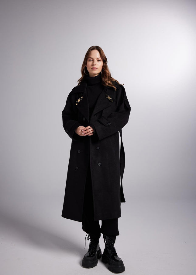 Accessorized Wool Blended Cashmere Maxi Woody Black Coat-3