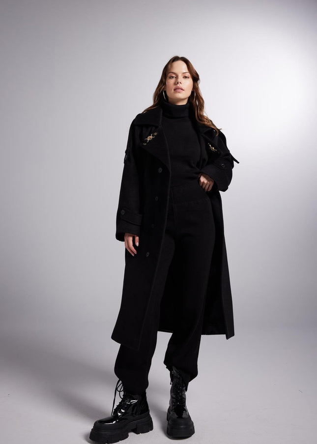 Accessorized Wool Blended Cashmere Maxi Woody Black Coat-0