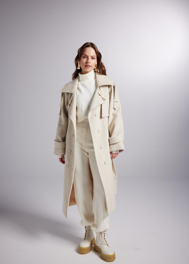 Accessorized Wool Blended Cashmere Maxi Woody Ecru Coat-1