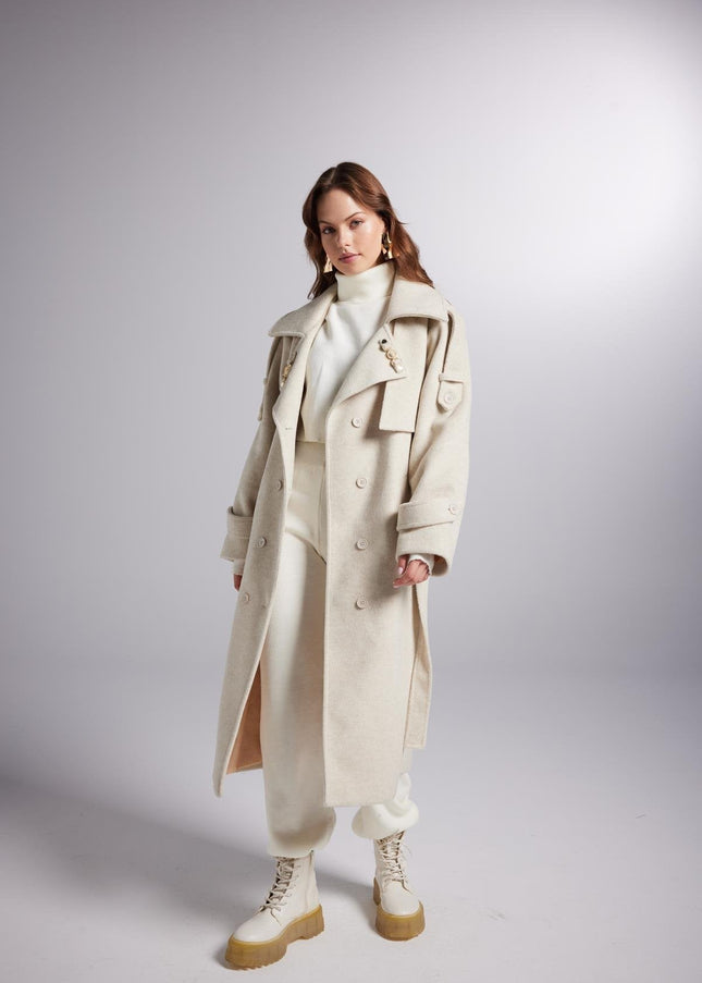 Accessorized Wool Blended Cashmere Maxi Woody Ecru Coat-2