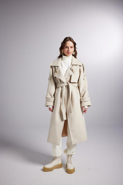 Accessorized Wool Blended Cashmere Maxi Woody Ecru Coat-3