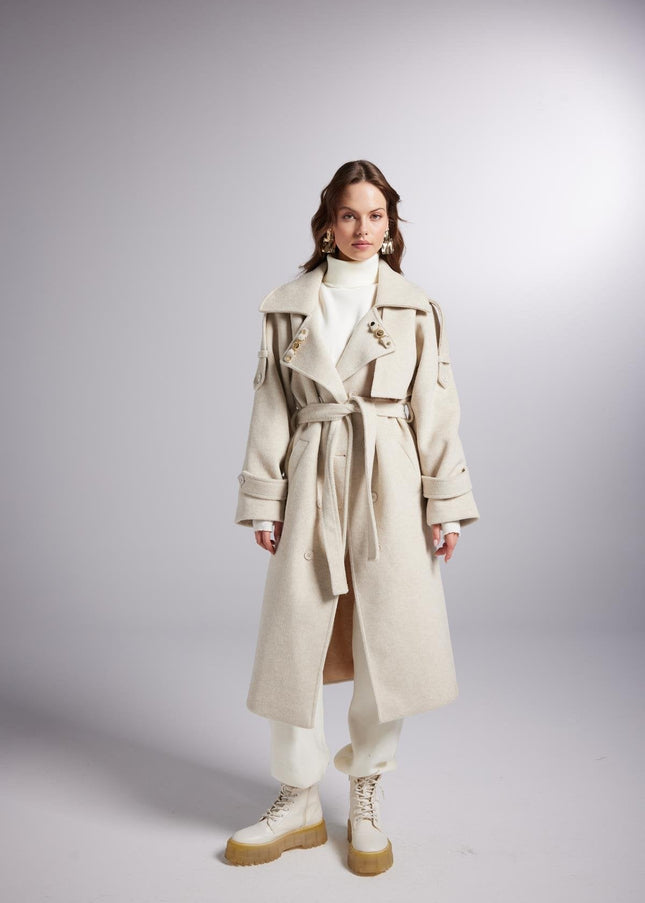 Accessorized Wool Blended Cashmere Maxi Woody Ecru Coat-3