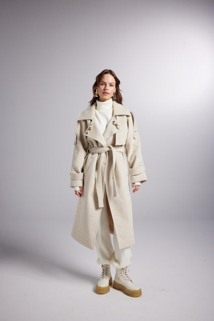 Accessorized Wool Blended Cashmere Maxi Woody Ecru Coat-0