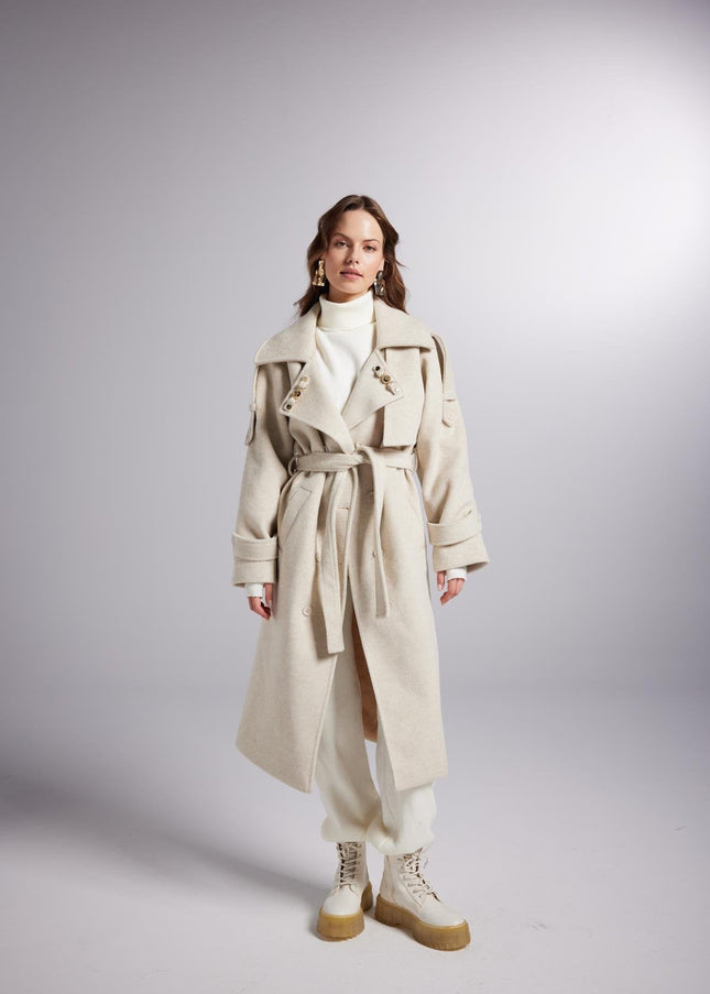 Accessorized Wool Blended Cashmere Maxi Woody Ecru Coat-0