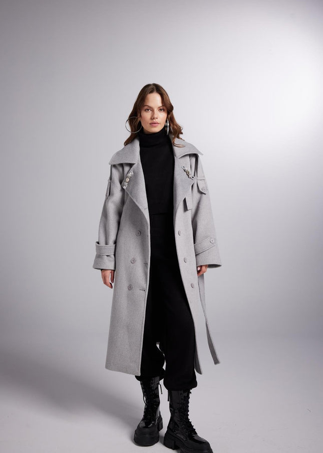 Accessorized Wool Blended Cashmere Maxi Woody Grey Coat-2