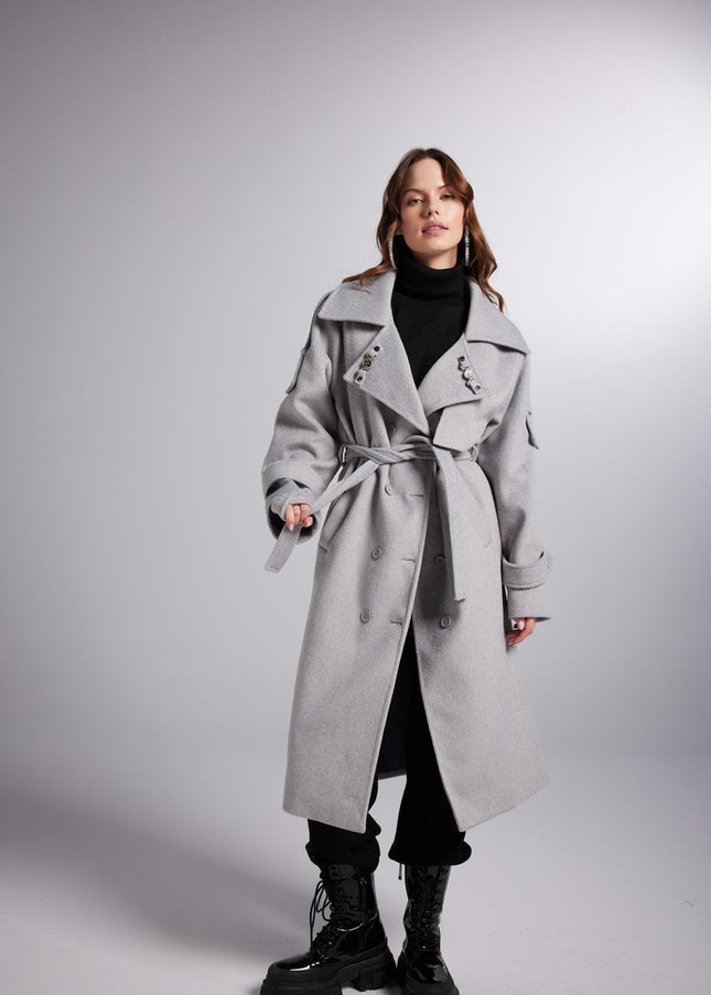 Accessorized Wool Blended Cashmere Maxi Woody Grey Coat-3