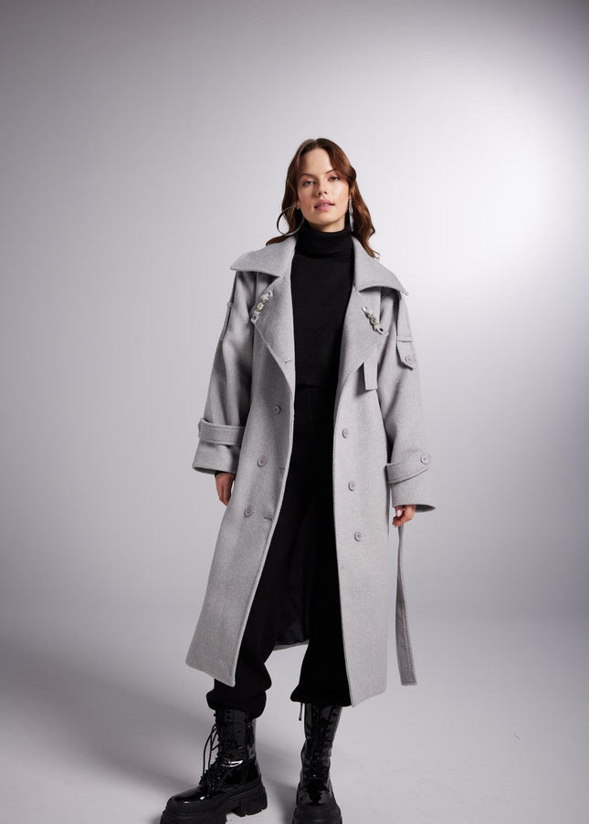 Accessorized Wool Blended Cashmere Maxi Woody Grey Coat-4