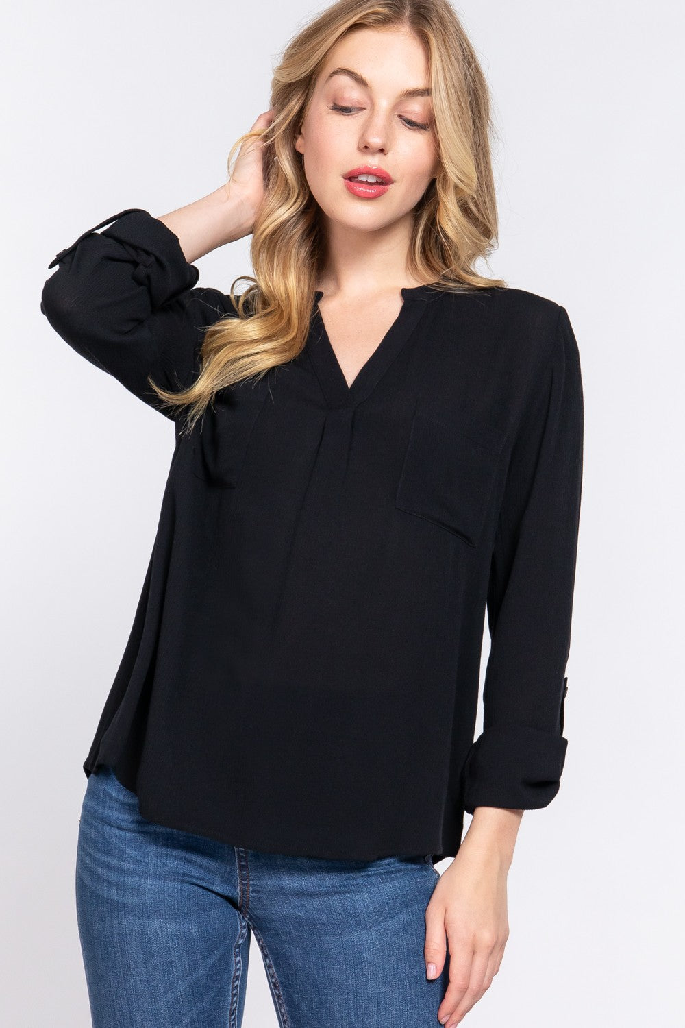 Active Basic Full Size Notched Long Sleeve Woven Top