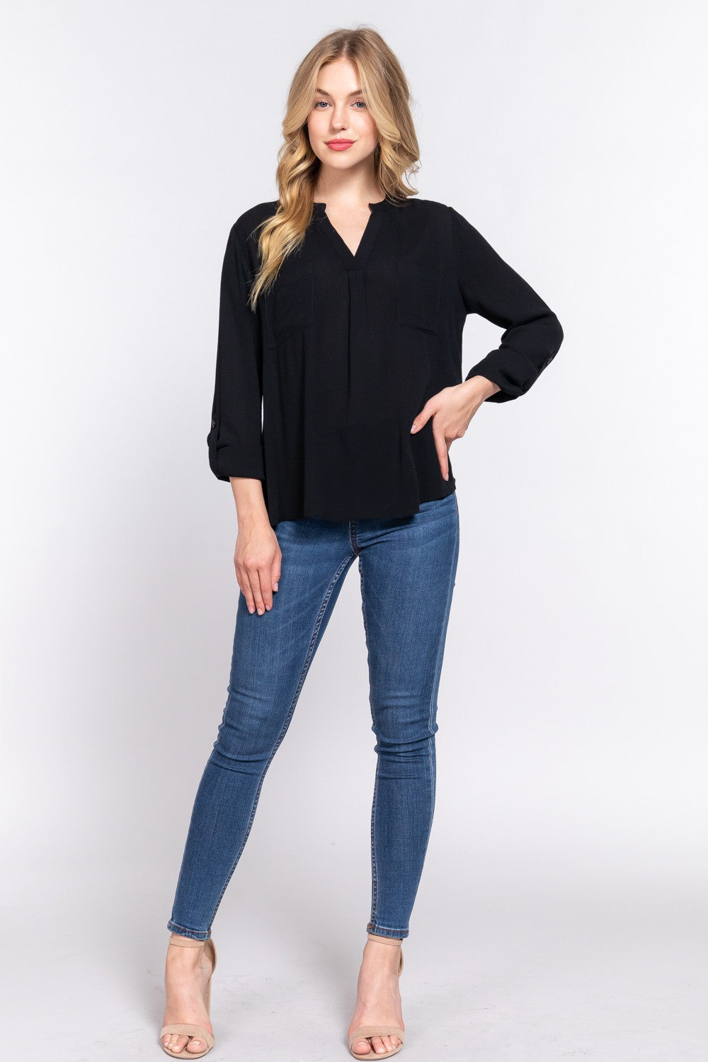 Active Basic Full Size Notched Long Sleeve Woven Top