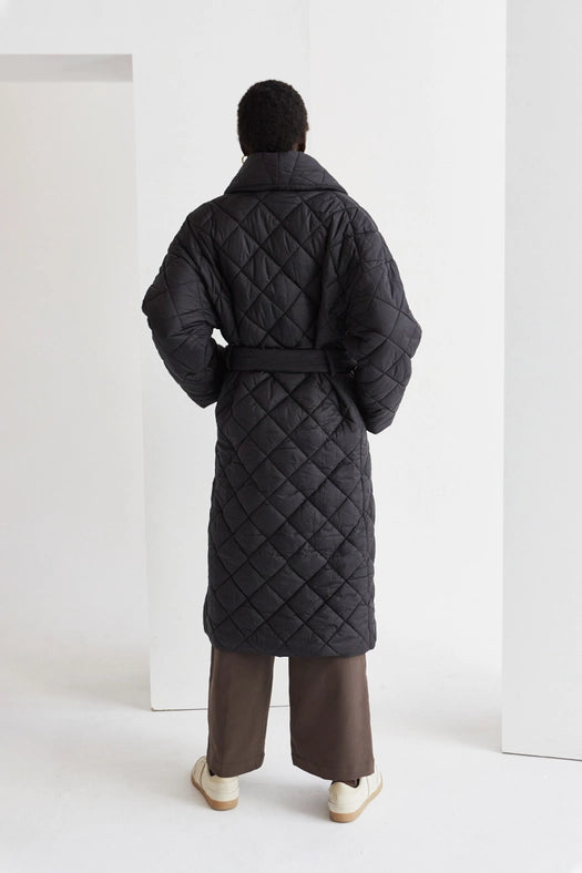 Adeline Quilted Puffer Wrap Coat Black