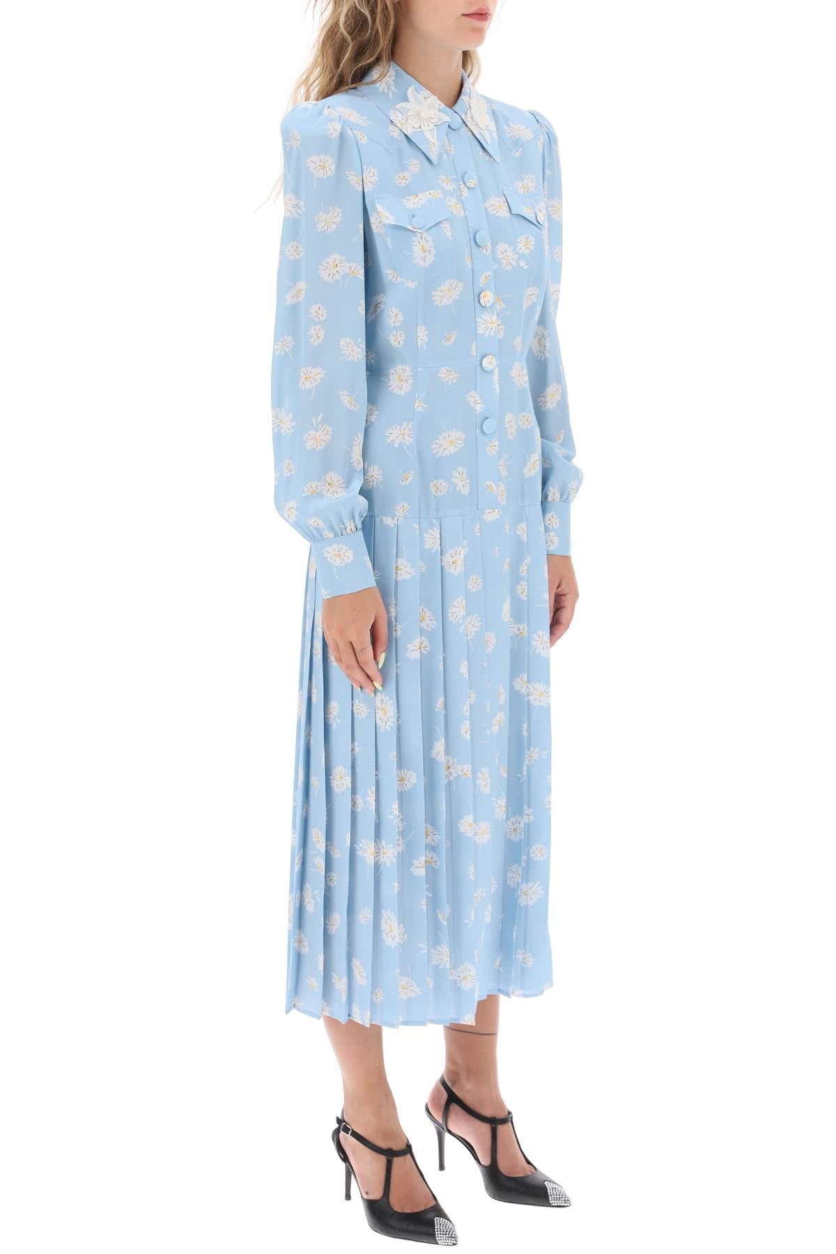 Alessandra rich crepe de chine shirt dress with daisy motif-women > clothing > dresses > midi-Alessandra Rich-40-Light blue-Urbanheer