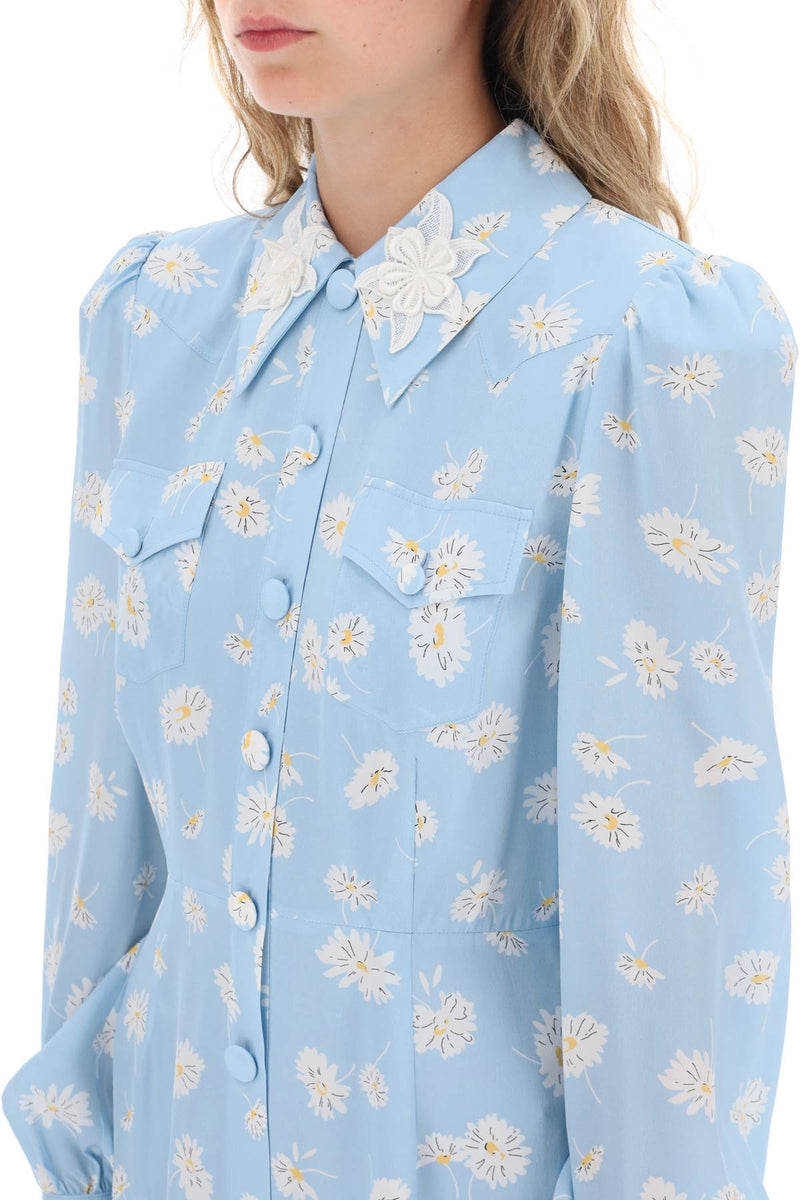 Alessandra rich crepe de chine shirt dress with daisy motif-women > clothing > dresses > midi-Alessandra Rich-40-Light blue-Urbanheer