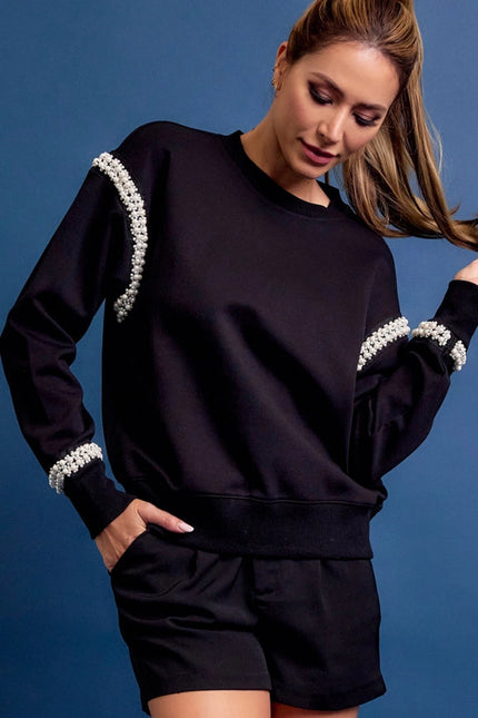 All Day Crew Neck Sweatshirt with Beaded Trim BLACK