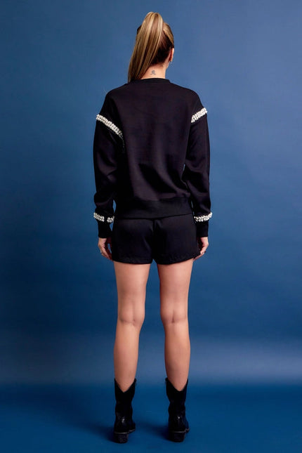 All Day Crew Neck Sweatshirt with Beaded Trim BLACK