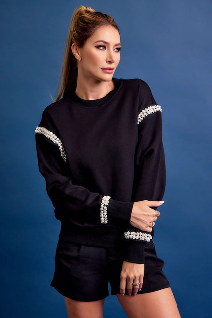 All Day Crew Neck Sweatshirt with Beaded Trim BLACK