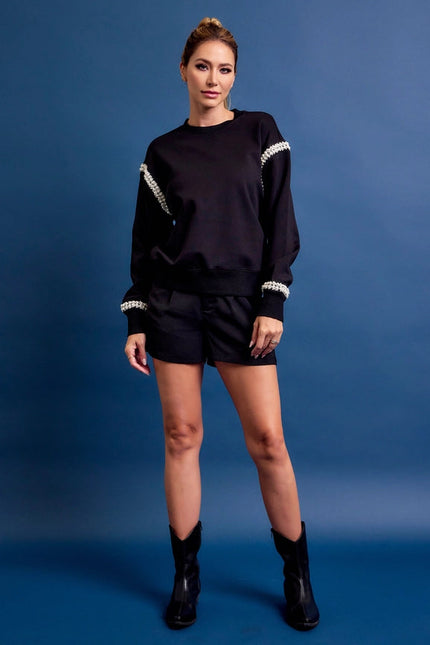 All Day Crew Neck Sweatshirt with Beaded Trim BLACK