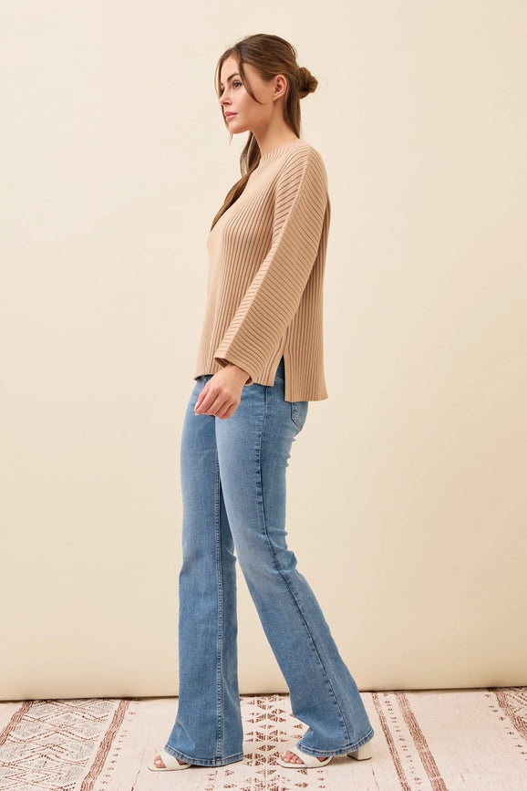 All Day Long Rib Knit Kimono Sleeve Top BEIGE