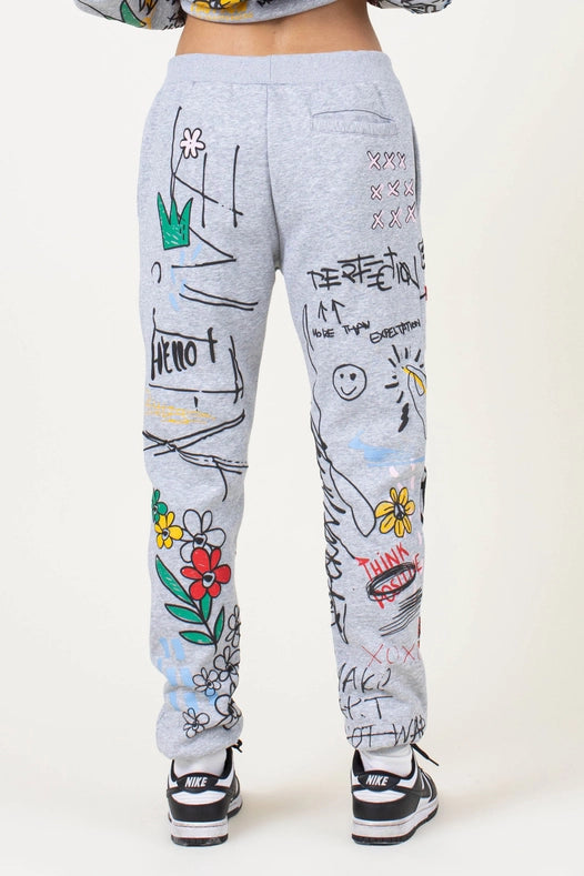 Allover Hand Drawing & Chenille Patch Jogger Pants Grey