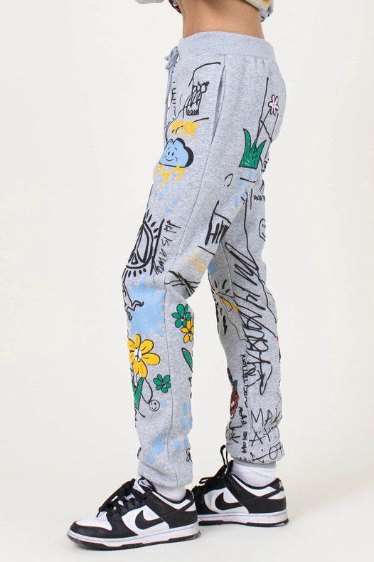 Allover Hand Drawing & Chenille Patch Jogger Pants Grey