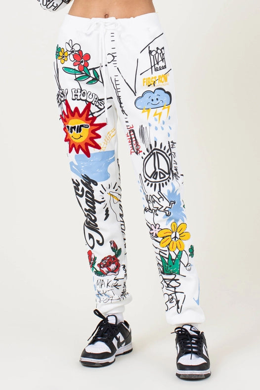 Allover Hand Drawing & Chenille Patch Jogger Pants White