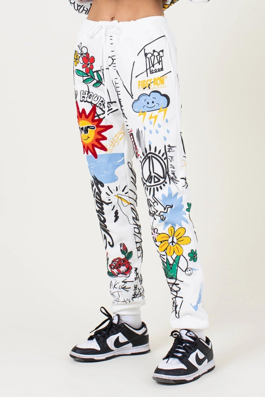 Allover Hand Drawing & Chenille Patch Jogger Pants White