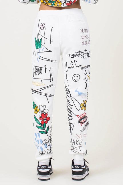 Allover Hand Drawing & Chenille Patch Jogger Pants White