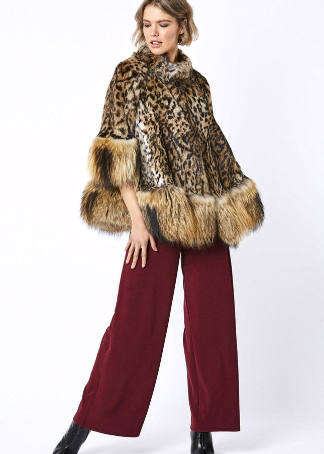 Amelia Animal Print Mocha Fox Fur Cape Coat-1