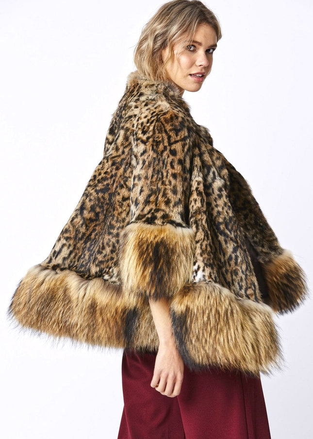 Amelia Animal Print Mocha Fox Fur Cape Coat-2