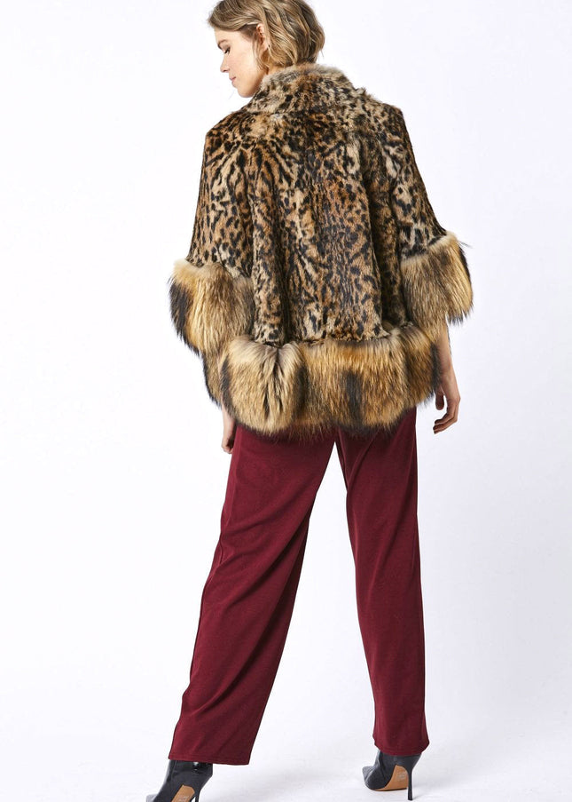 Amelia Animal Print Mocha Fox Fur Cape Coat-3