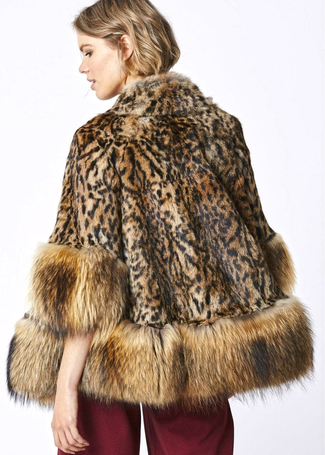 Amelia Animal Print Mocha Fox Fur Cape Coat-4