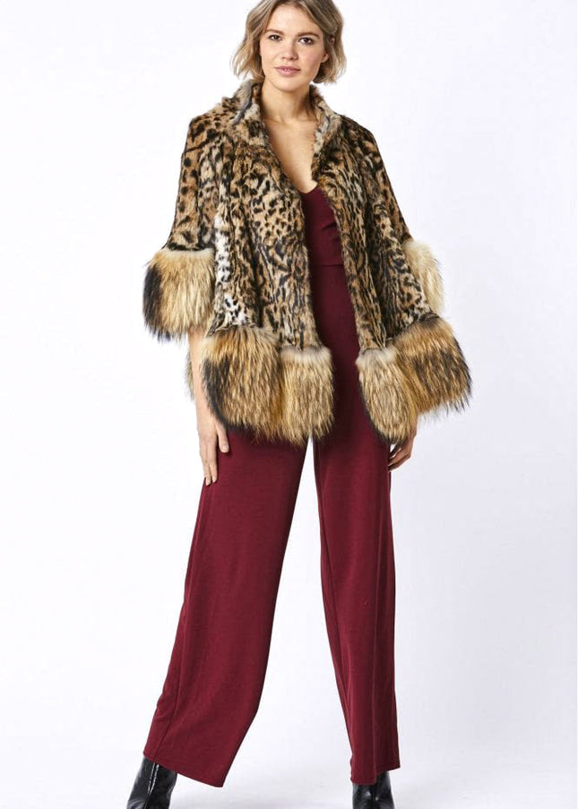 Amelia Animal Print Mocha Fox Fur Cape Coat-0