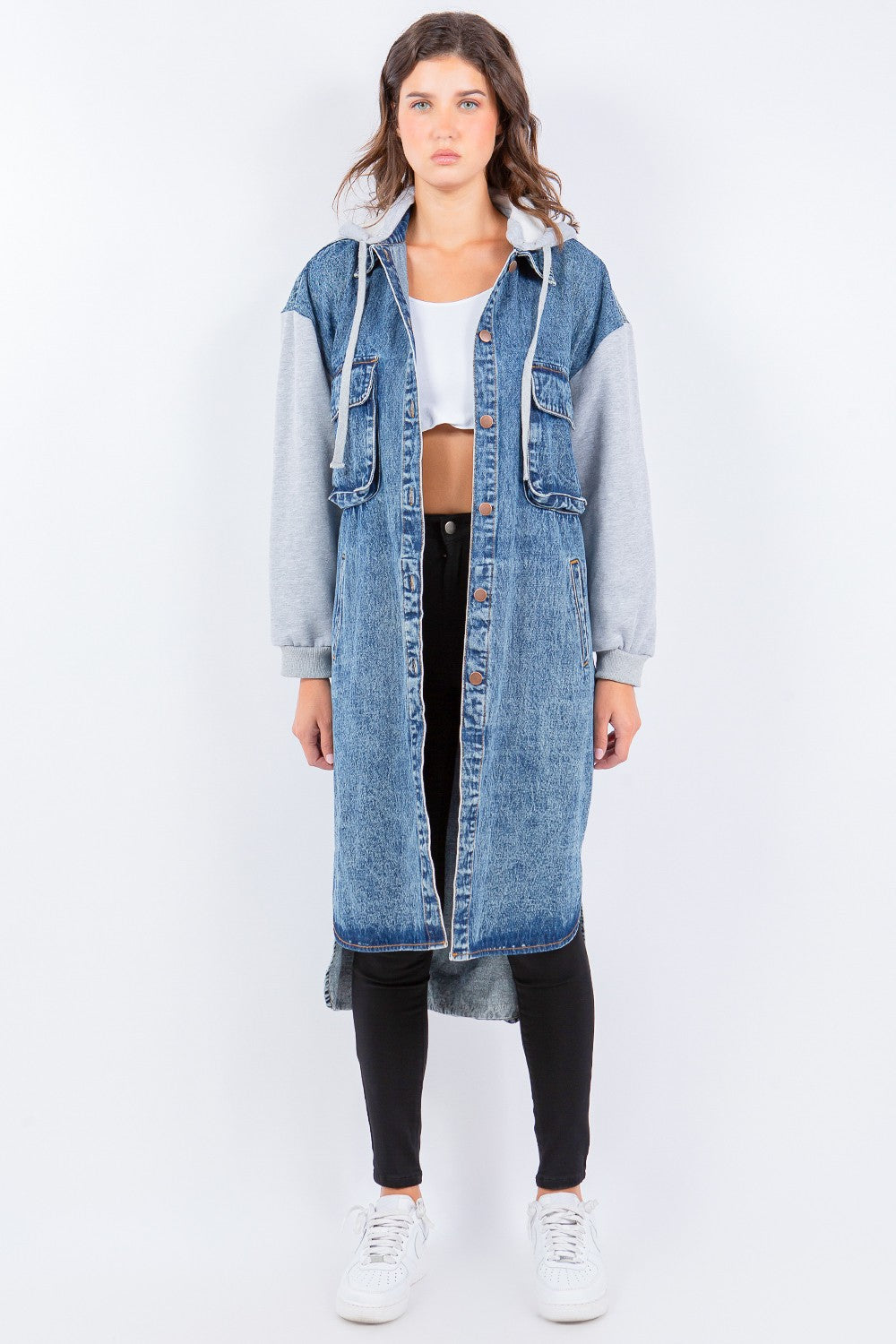 American Bazi Contrast Longline Hooded Denim Jacket-UHX-Blue/Grey-S-Urbanheer