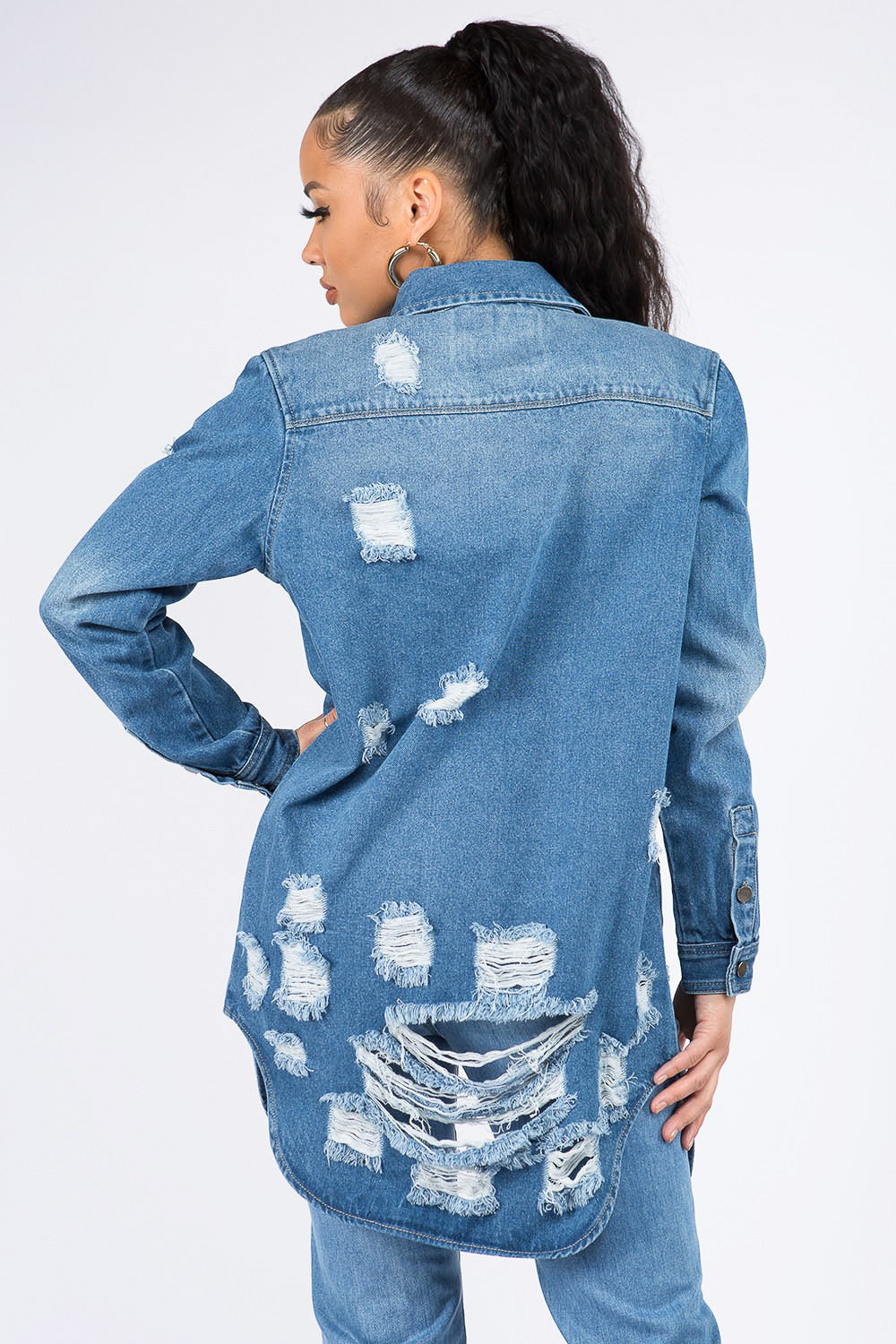 American Bazi Distressed Button Down Denim Shirt Jacket-UHX-Urbanheer