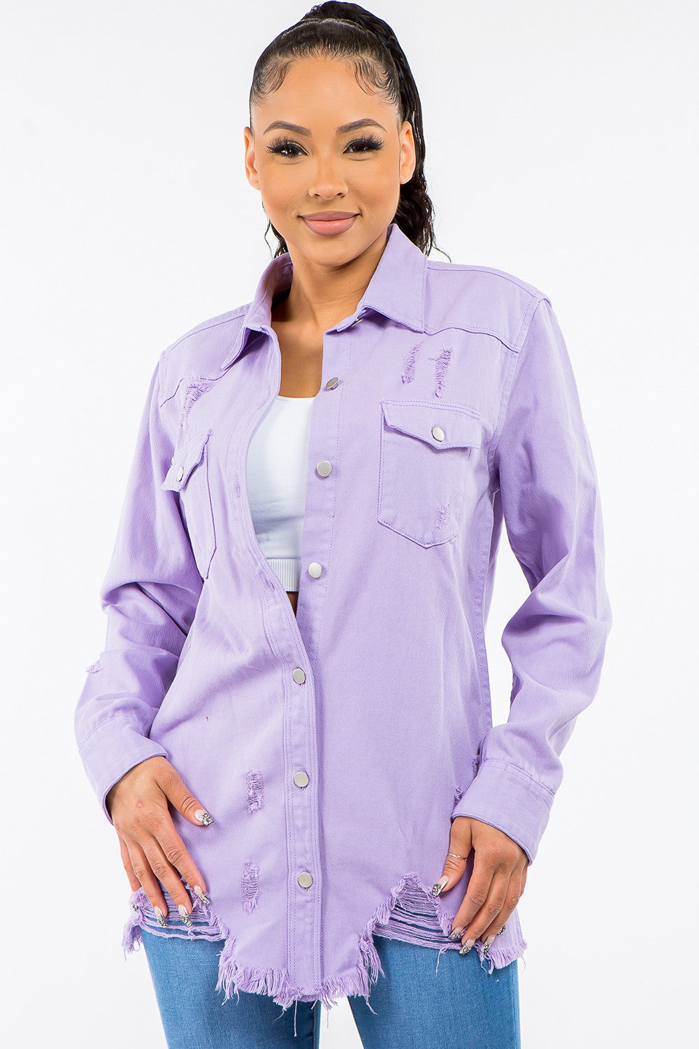 American Bazi Frayed Hem Distressed Denim Jacket-UHX-Lavender-S-Urbanheer