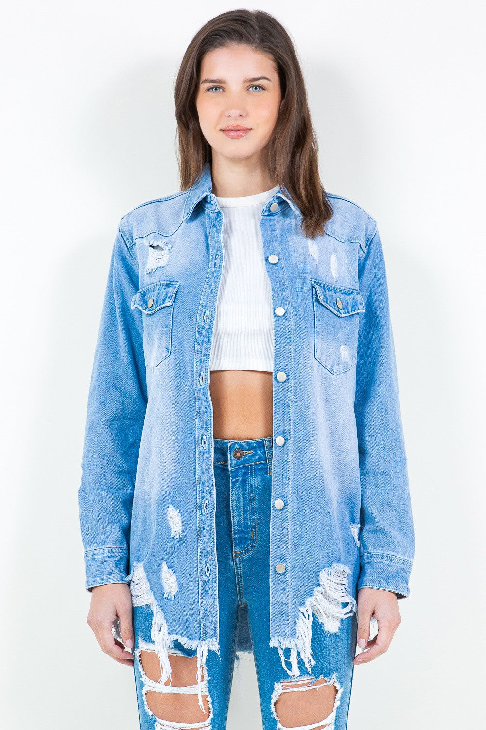 American Bazi Frayed Hem Distressed Denim Shirt Jacket-UHX-Light Blue-S-Urbanheer