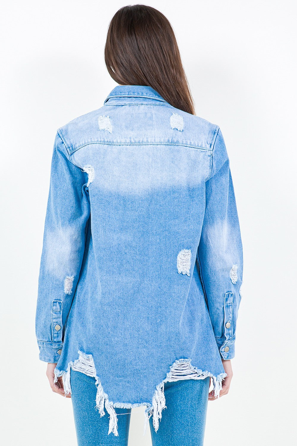 American Bazi Frayed Hem Distressed Denim Shirt Jacket-UHX-Urbanheer