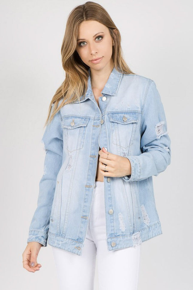 American Bazi Letter Patched Distressed Denim Jacket-UHX-Urbanheer