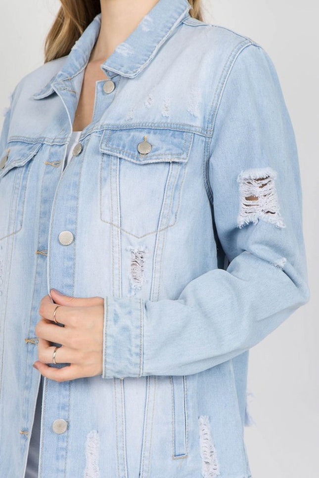 American Bazi Letter Patched Distressed Denim Jacket-UHX-Urbanheer