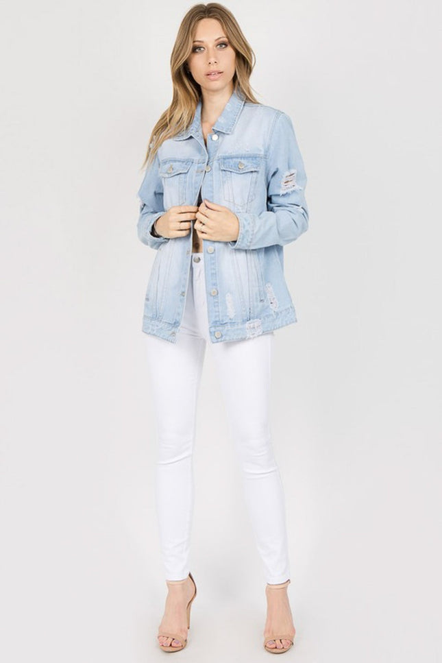 American Bazi Letter Patched Distressed Denim Jacket-UHX-Urbanheer