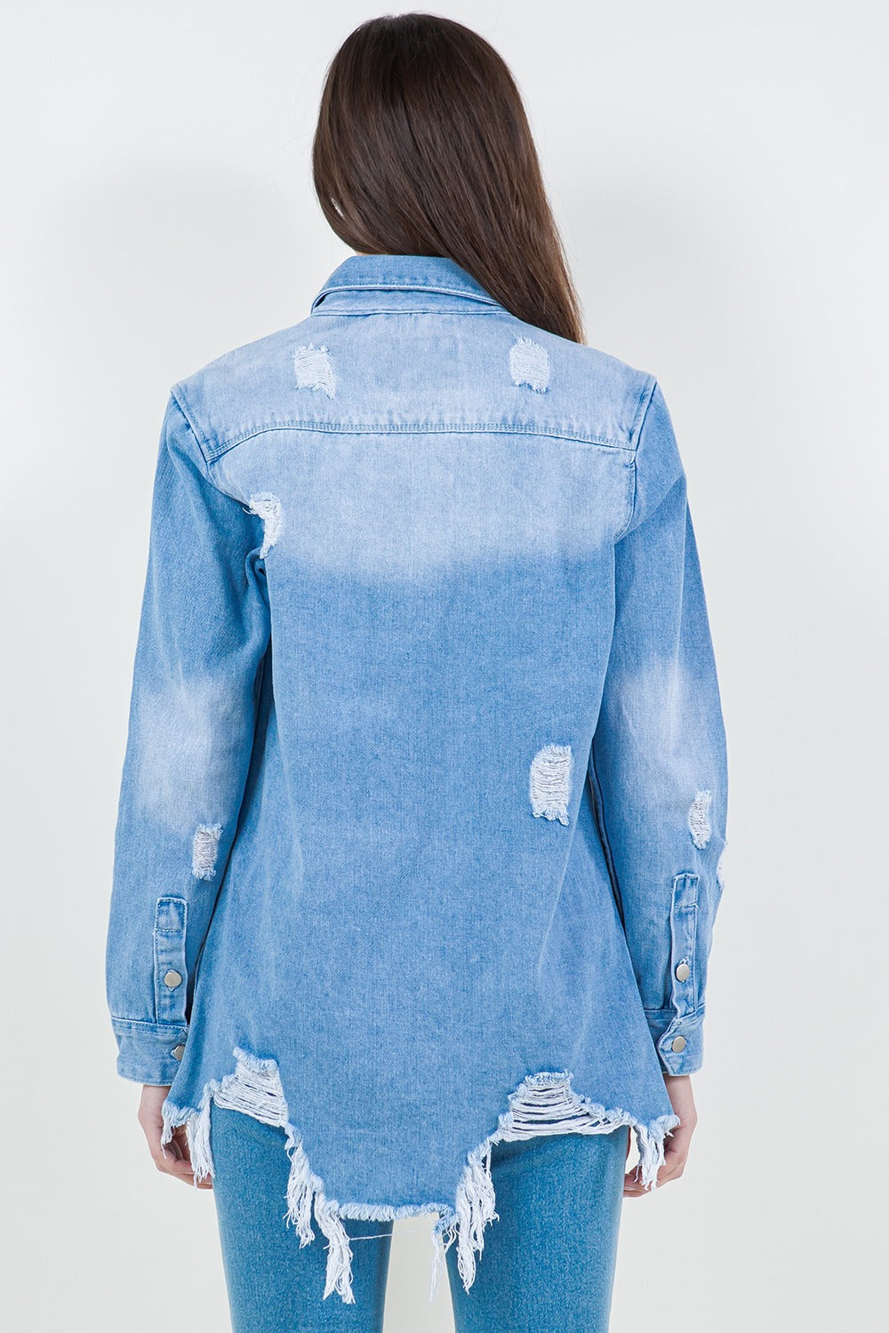 American Bazi Raw Hem Distressed Long Sleeve Denim Jacket