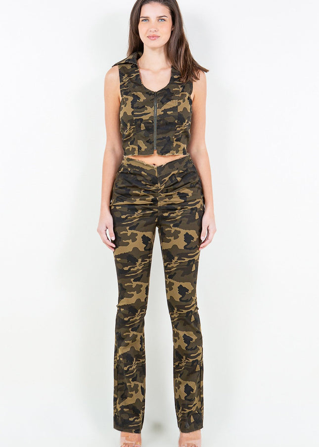 American Bazi V-Cut Ruched Camo Flare Pants