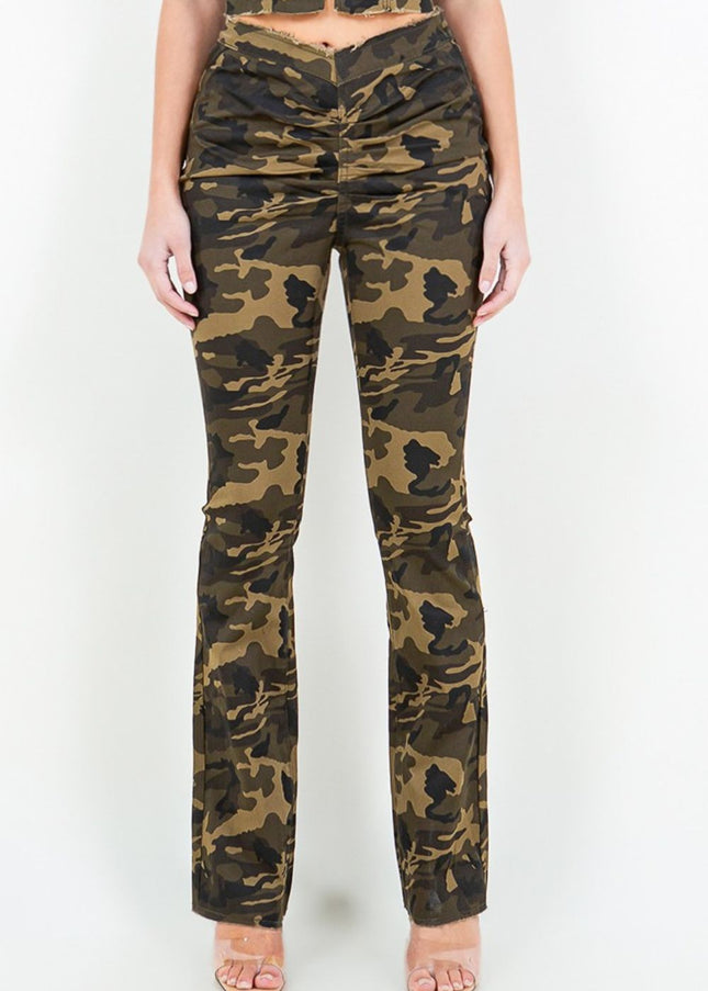 American Bazi V-Cut Ruched Camo Flare Pants