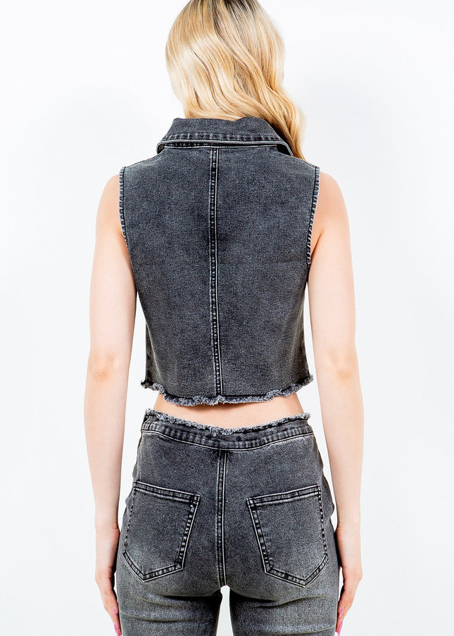 American Bazi Zip Up Washed Crop Denim Vest