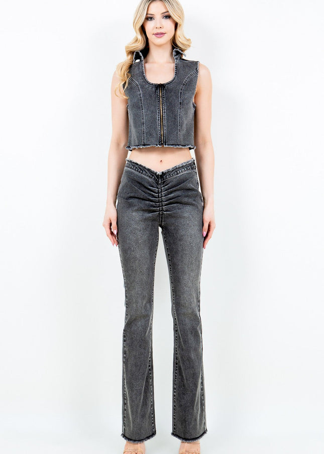 American Bazi Zip Up Washed Crop Denim Vest