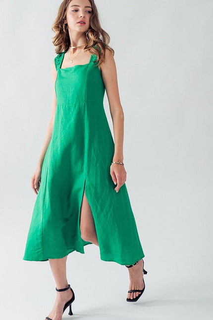 Anette Cross Back Tie Detail Side Slit Dress GREEN-Dress-Urban Daizy-Urbanheer