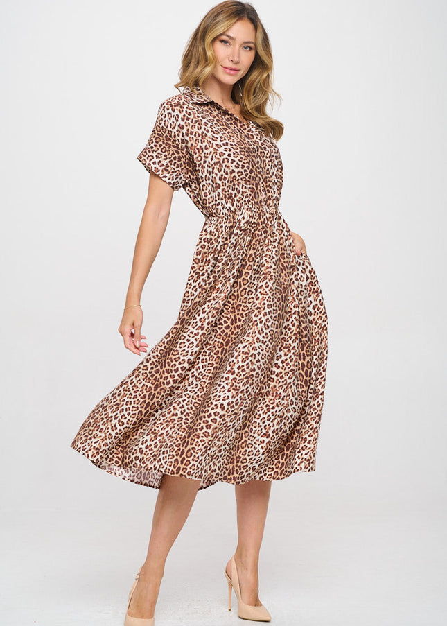 Animal Print Collared V neck Dress with Pockets-3