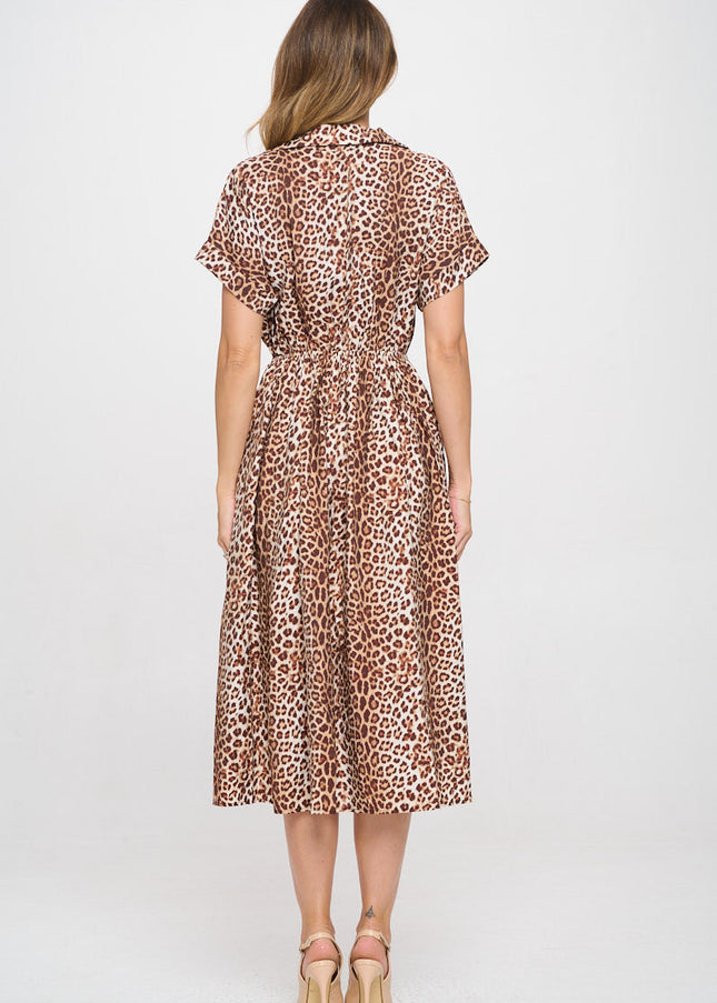 Animal Print Collared V neck Dress with Pockets-4