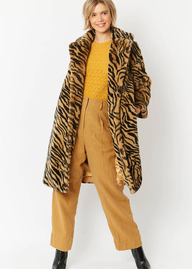 Animal Print Faux Fur Midi Shaved Shearling Coat-1